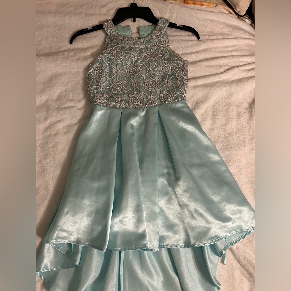Satin teal dress, with beautiful details